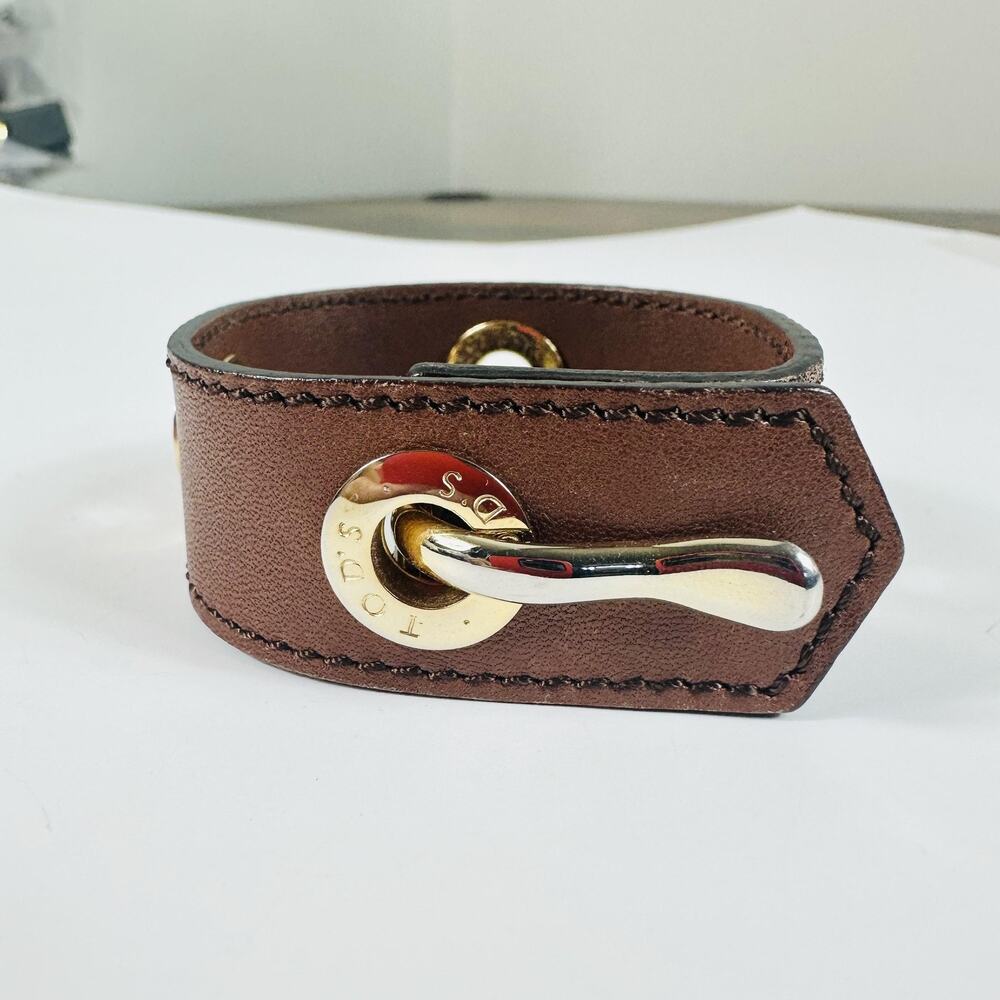 Tod's Brown Leather Toggle Cuff Bracelet Gold Tone Logo Hardware 8in Designer
